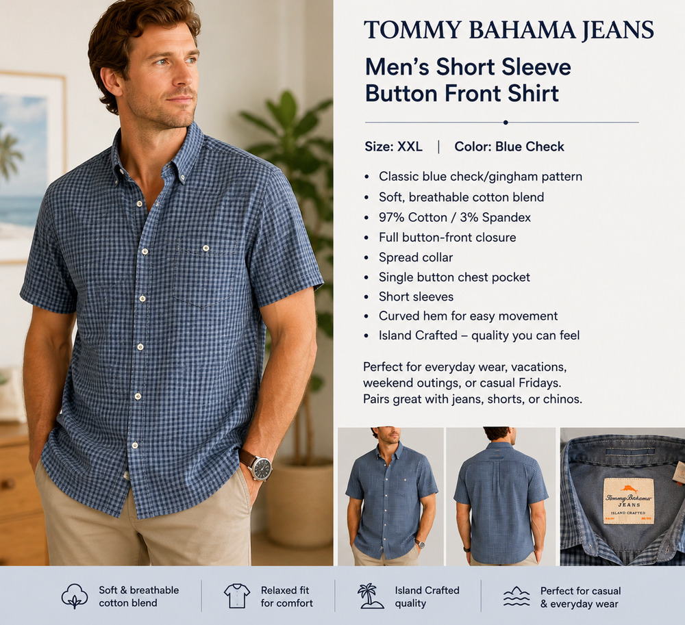 Tommy Bahama Jeans Men's XXL Blue Check Short Sleeve Button Front Shirt Cotton
